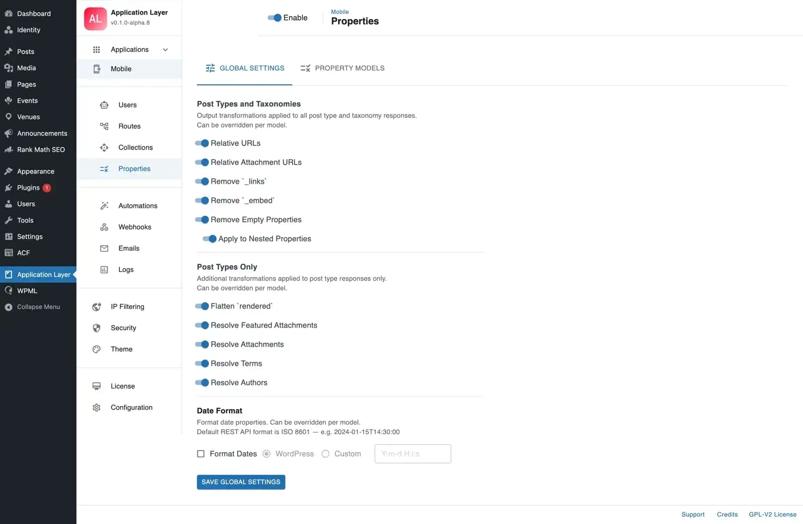 Properties β Global Settings